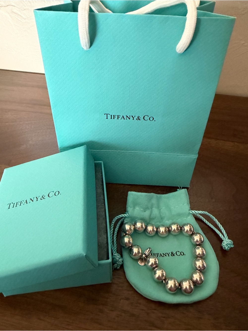 Tiffany & Co. Sterling Silver Bead Bracelet with Tiffany Blue Pouch
